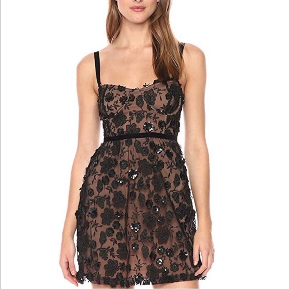 For Love & Lemons | Beatrice Embellished Mini Dress Sweetheart Neck Black Small
